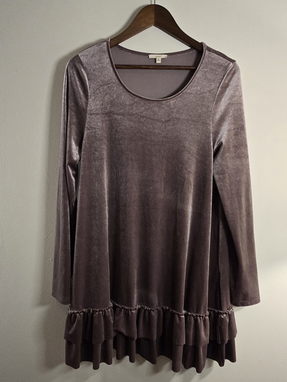 Easel Mauve Velour Velvet Tiered Ruffle Tunic Dress Large Loose Swing Romantic